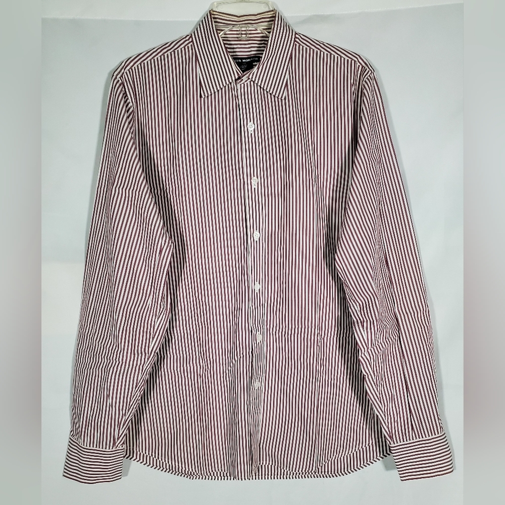 CLUB MONACO COCO BROWN WHITE STRIPED LONG SLEEVE DRESS SHIRT MENS LARGE
